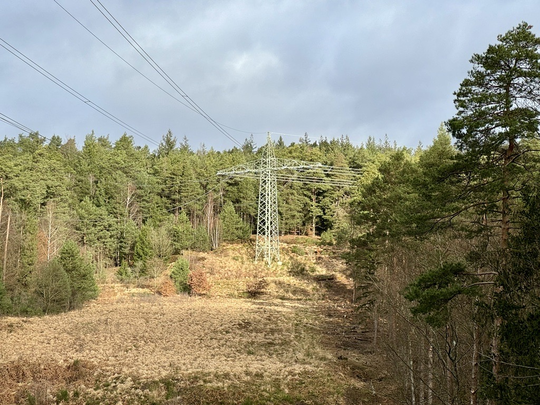 Landschaft mit Strommast und Stromtrasse