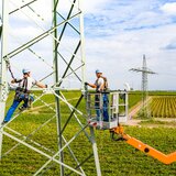 Moneteure arbeiten mit Hubsteiger an Strommast | © PWN