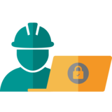 Icon Installateurportal Mensch mit Helm sitzt vor einem Laptop, auf dem ein verschlüsseltes Symbol abgebildet ist