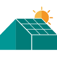 Haus mit Photovoltaik-Anlage auf dem Dach und eine Sonne im Hintergrund